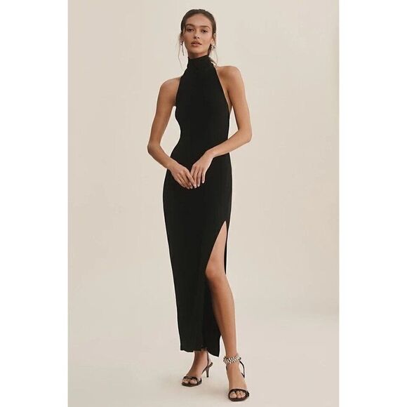 NWT ANTHROPOLOGIE X NORMA KAMALI Sz L TURTLENECK SIDE SLIT DRESS BLACK - Picture 1 of 6
